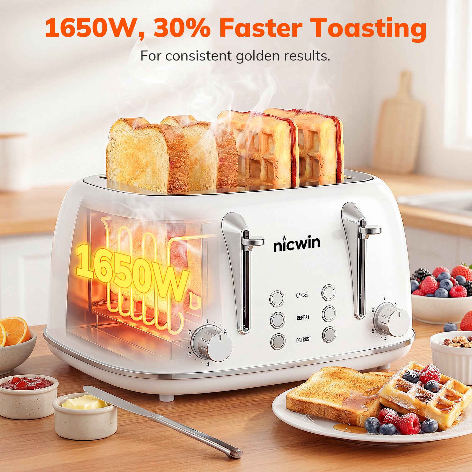 NICWIN 4 Slice Toaster, Extra Wide Slots Bread Toaster, Toast Shade Selector, Defrost & Reheat Functions, Toasters for Kitchen Apartment Essentials