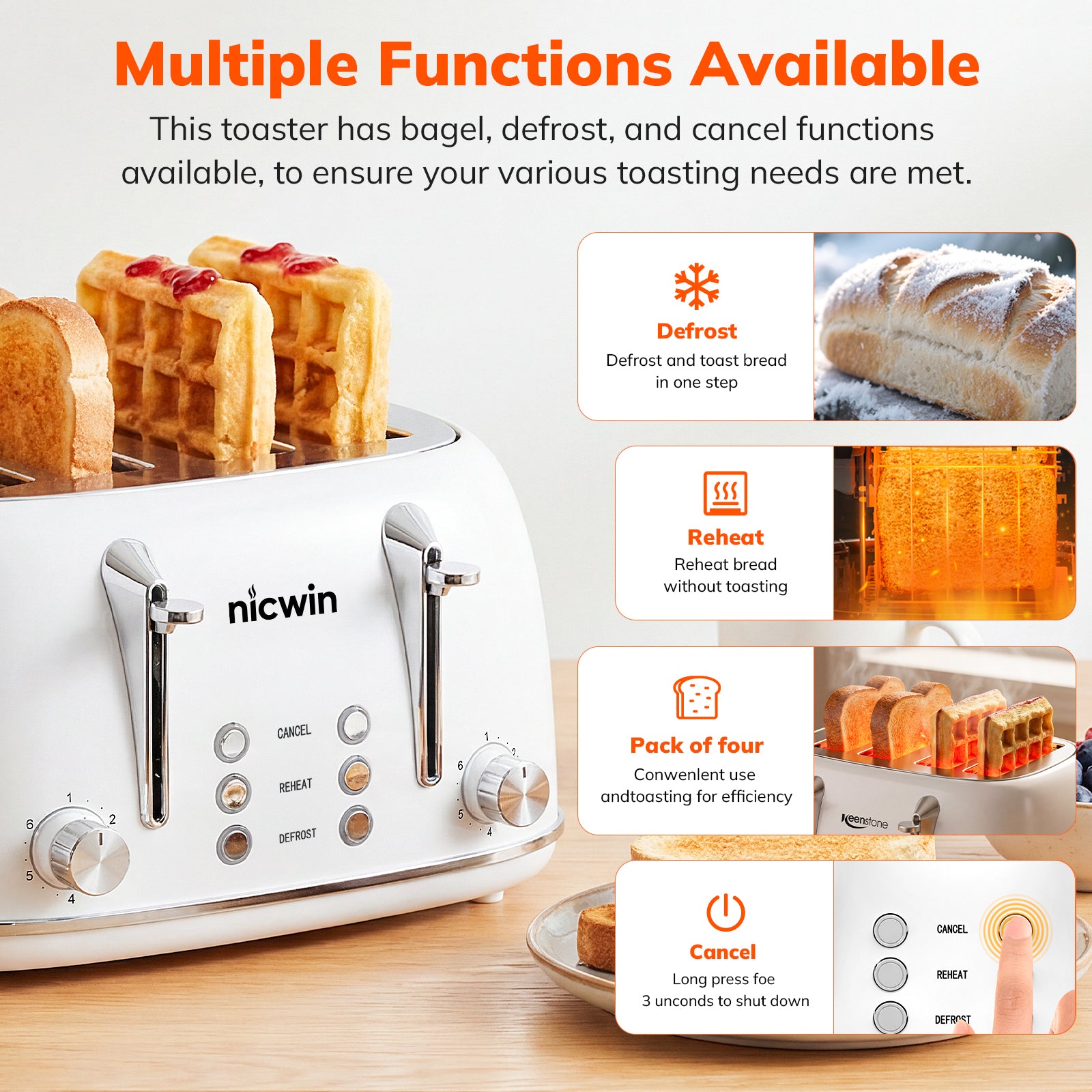 NICWIN 4 Slice Toaster, Extra Wide Slots Bread Toaster, Toast Shade Selector, Defrost & Reheat Functions, Toasters for Kitchen Apartment Essentials