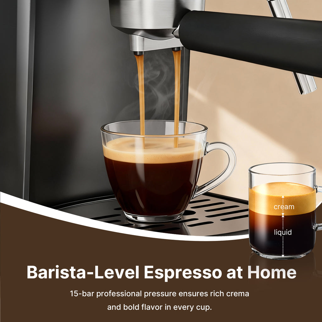 Espresso Machine with Milk Frother, 15 Bar Compact Coffee Machine Stainless Steel Espresso Maker for Cappuccino, Latte