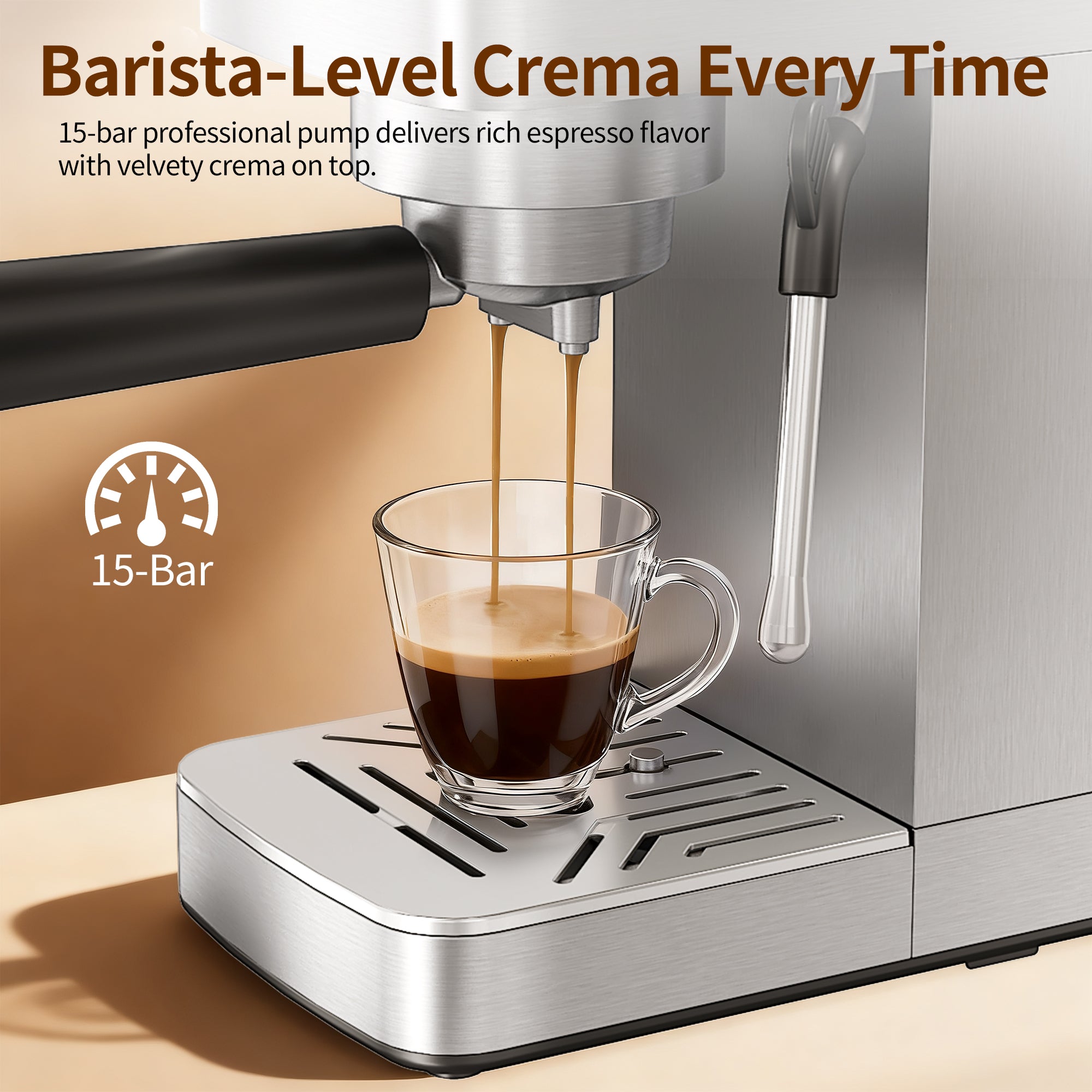 15Bar Espresso Machine, 3-in-1 Coffee Maker with Steam Wand for Cappuccino Latte