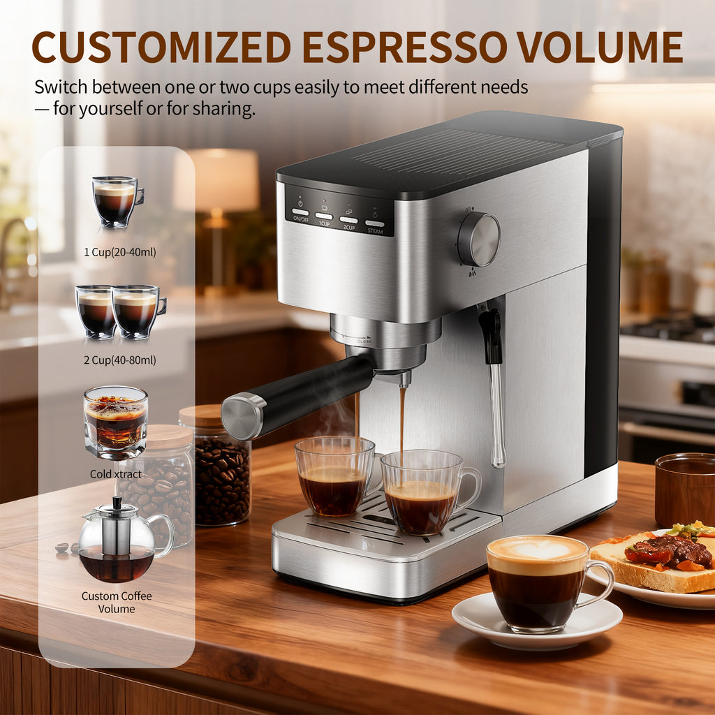 15Bar Espresso Machine, 3-in-1 Coffee Maker with Steam Wand for Cappuccino Latte