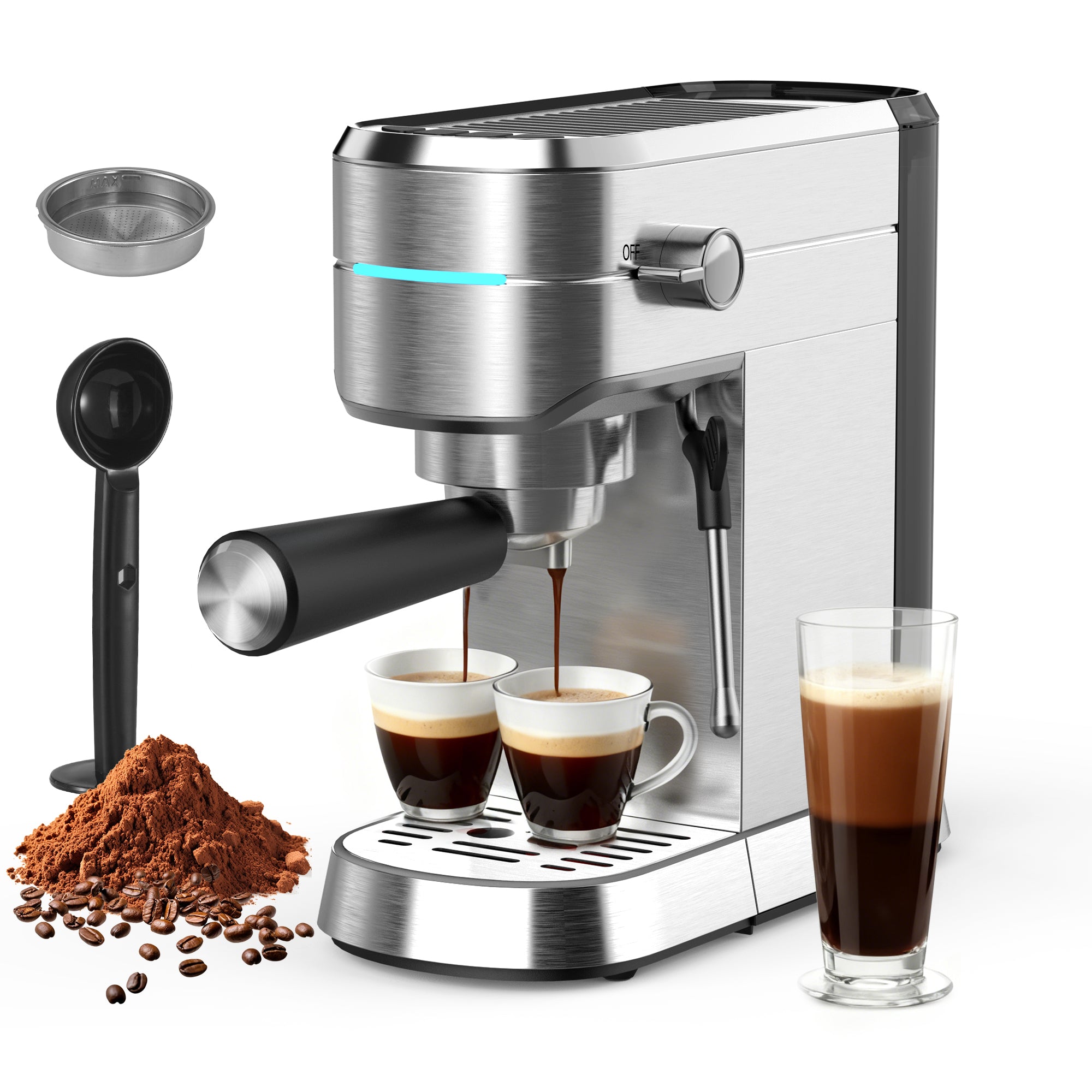 Espresso Machine 15 Bar, Professional Espresso Coffee Maker with Milk Frother Steam Wand with Hot Water, Stainless Steel with Manual Shot for Cappuccino & Latte