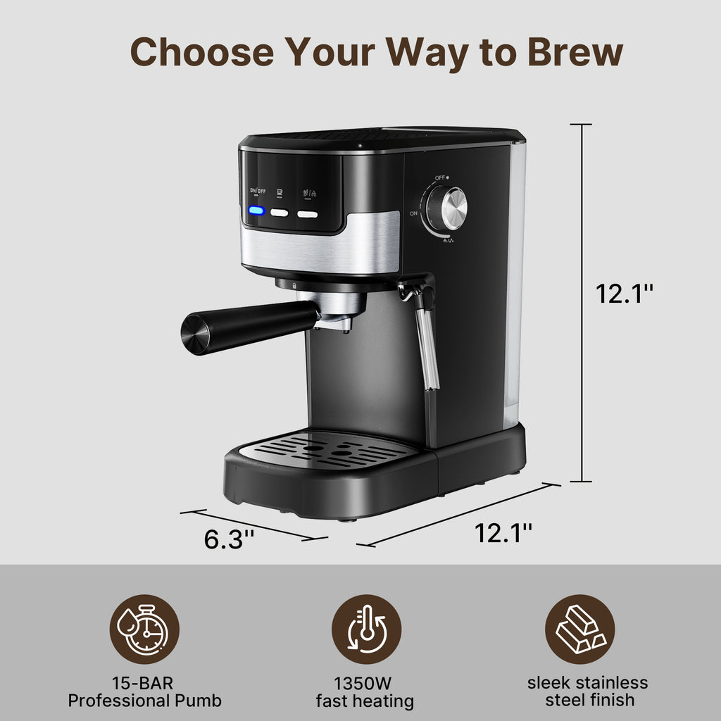 Espresso Machine with Milk Frother, 15 Bar Compact Coffee Machine Stainless Steel Espresso Maker for Cappuccino, Latte