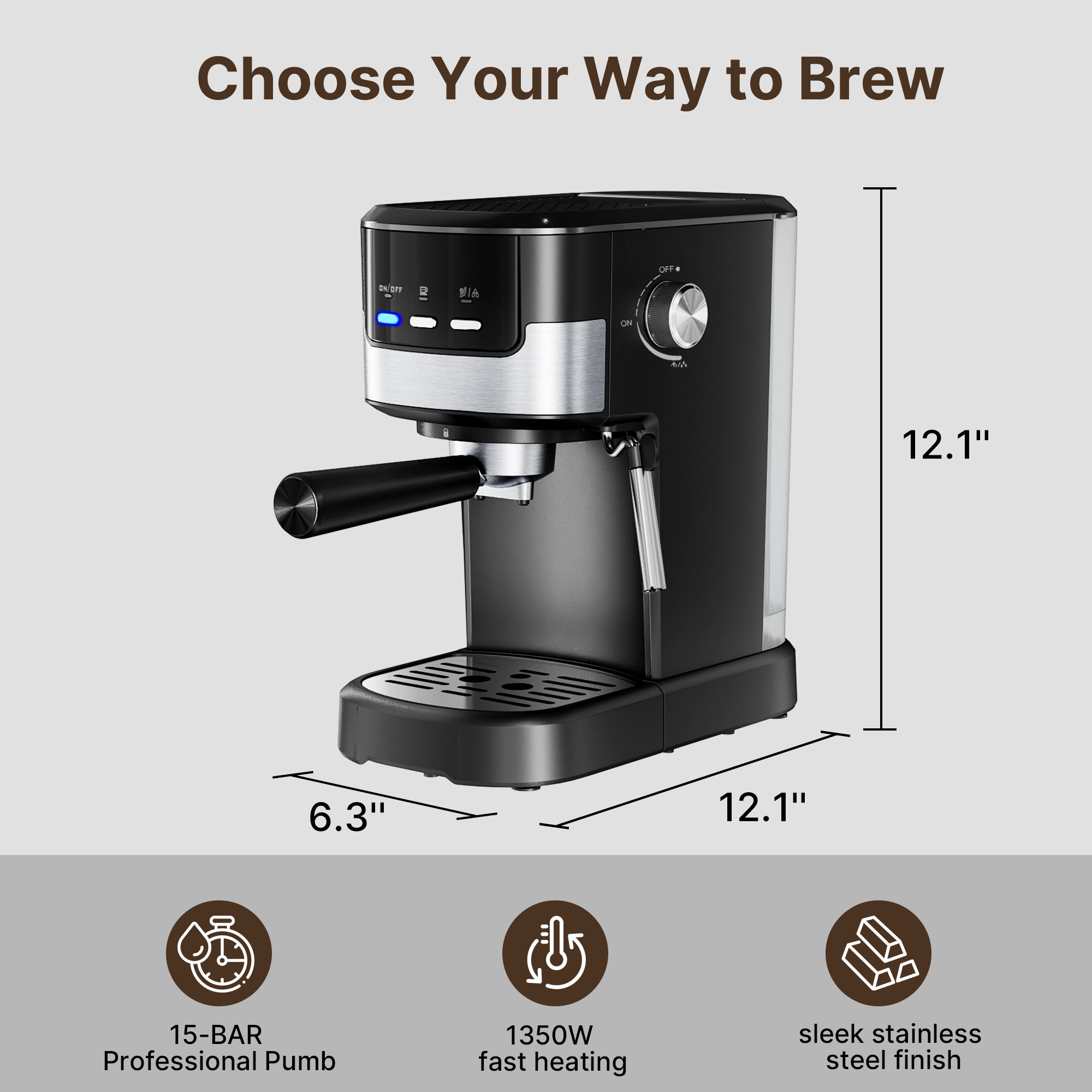 Espresso Machine with Milk Frother, 15 Bar Compact Coffee Machine Stainless Steel Espresso Maker for Cappuccino, Latte
